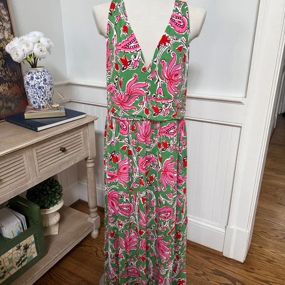 Boden Green Pink Floral Paisley Jersey V-Neck Maxi Dress US 16-18R Sleeveless - Picture 1 of 8